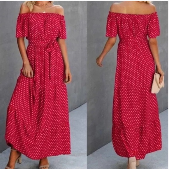 Boho navy blue polka dot off shoulder belted maxi dress - Picture 4 of 6